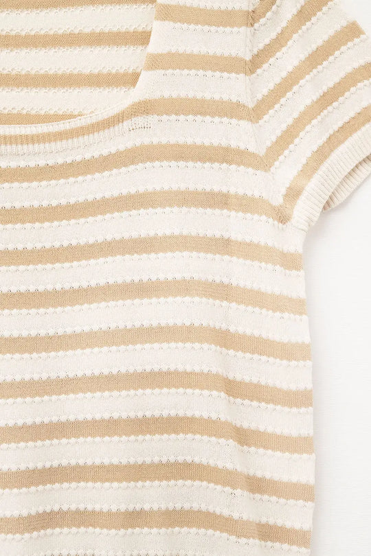Square neck Stripped Sweater in beige and camel - One Size / Beige - Sweaters