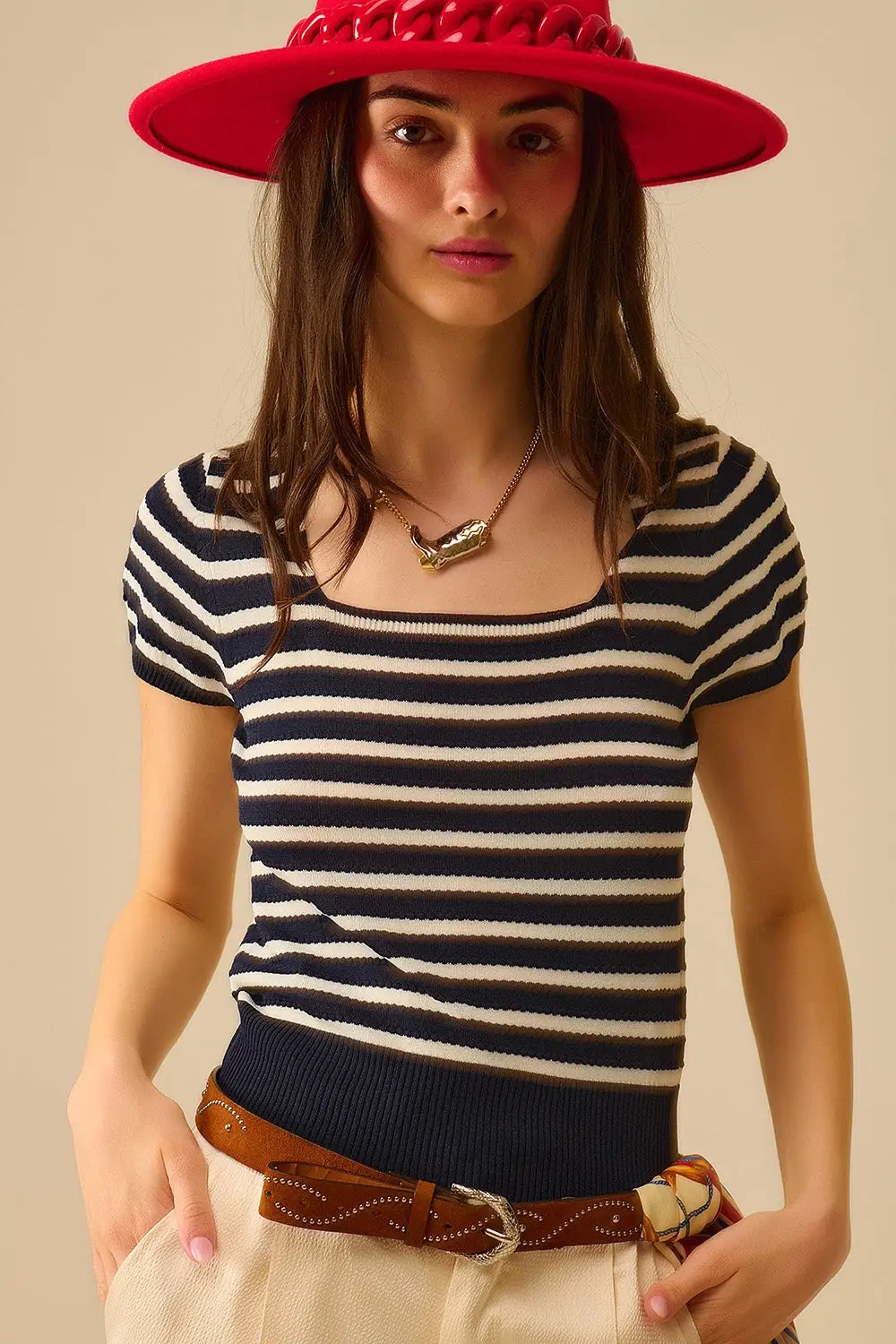 Square neck Stripped Sweater in navy and White - One Size / Blue - Sweaters