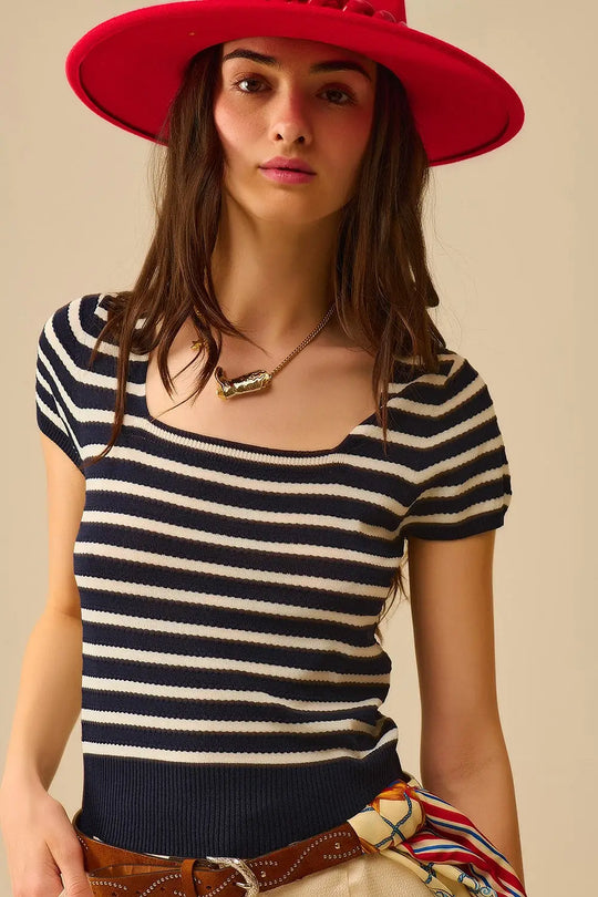 Square neck Stripped Sweater in navy and White - One Size / Blue - Sweaters