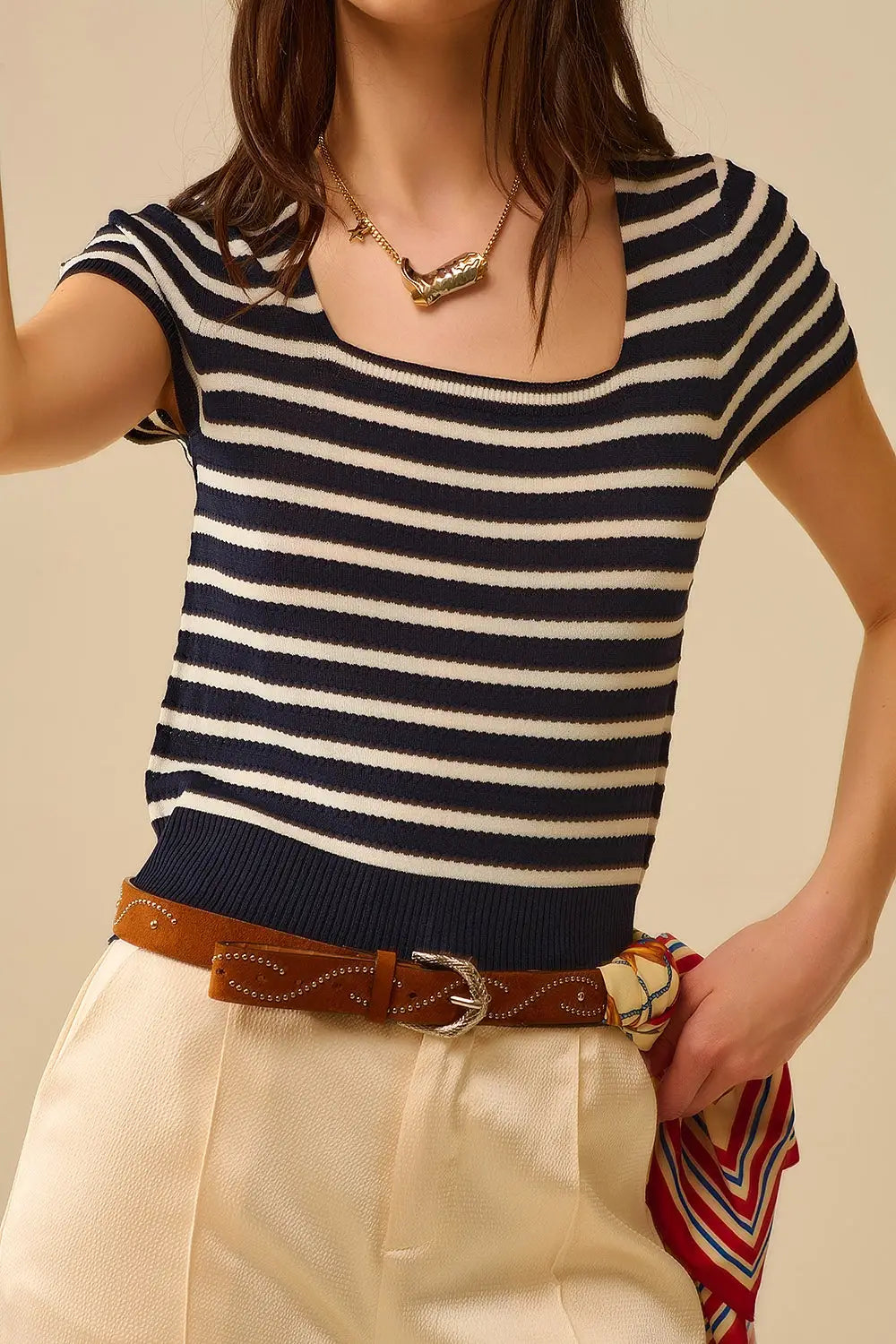 Square neck Stripped Sweater in navy and White - One Size / Blue - Sweaters