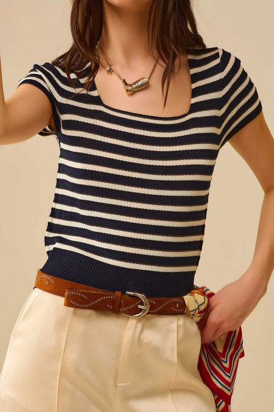 Square neck Stripped Sweater in navy and White - One Size / Blue - Sweaters