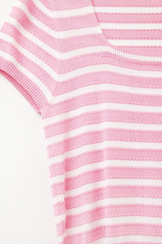 Square neck Stripped Sweater in Pink and White - One Size / Pink - Sweaters