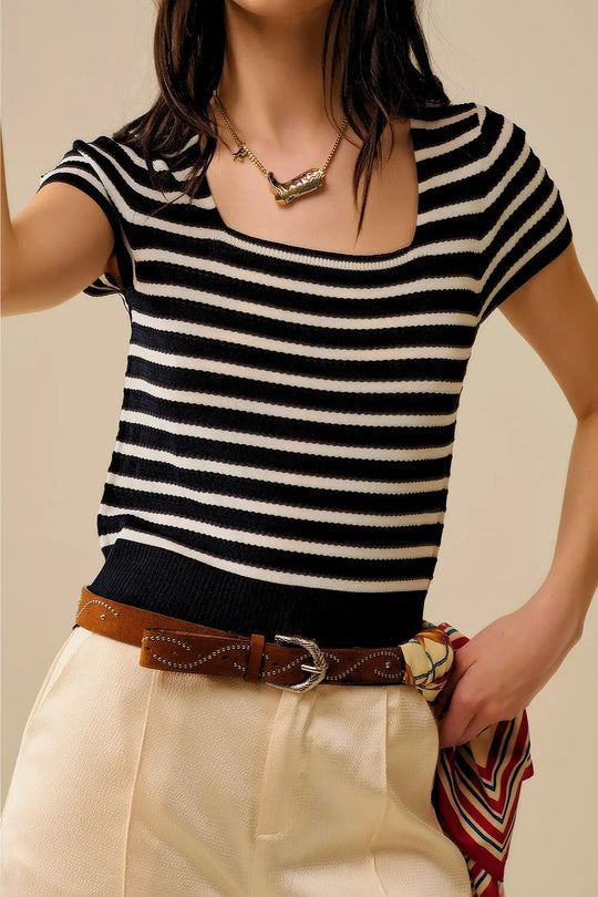 Square neck Stripped Sweater in White and Black - One Size / Black - Sweaters