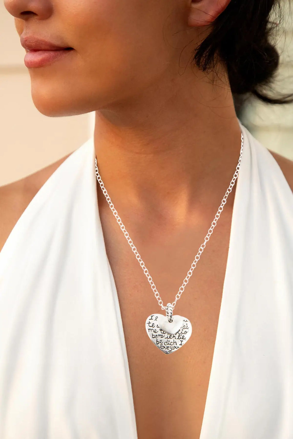 Sterling Silver Engraved Heart Pendant Neckalce - Necklaces