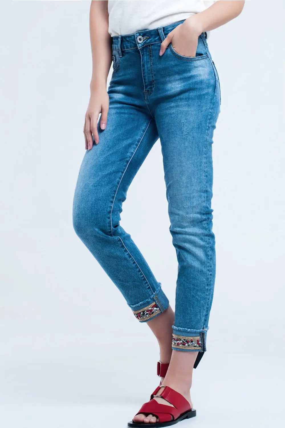 Straight ankle jeans with crystal detail - Jeans