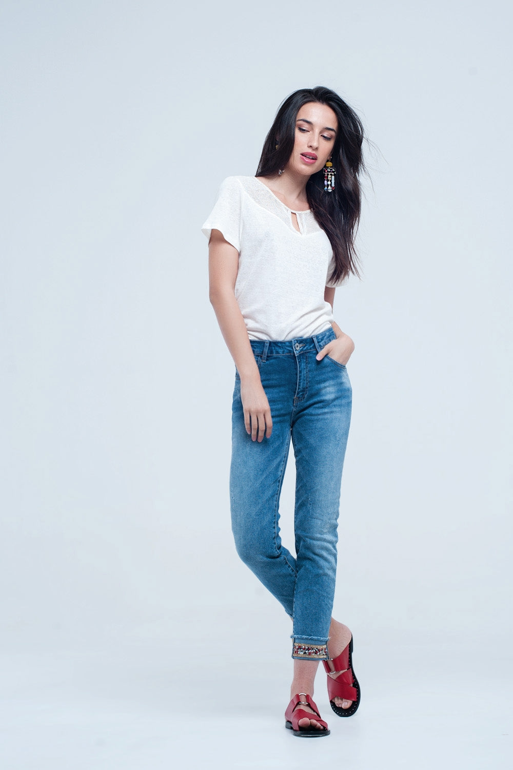 Straight ankle jeans with crystal detail