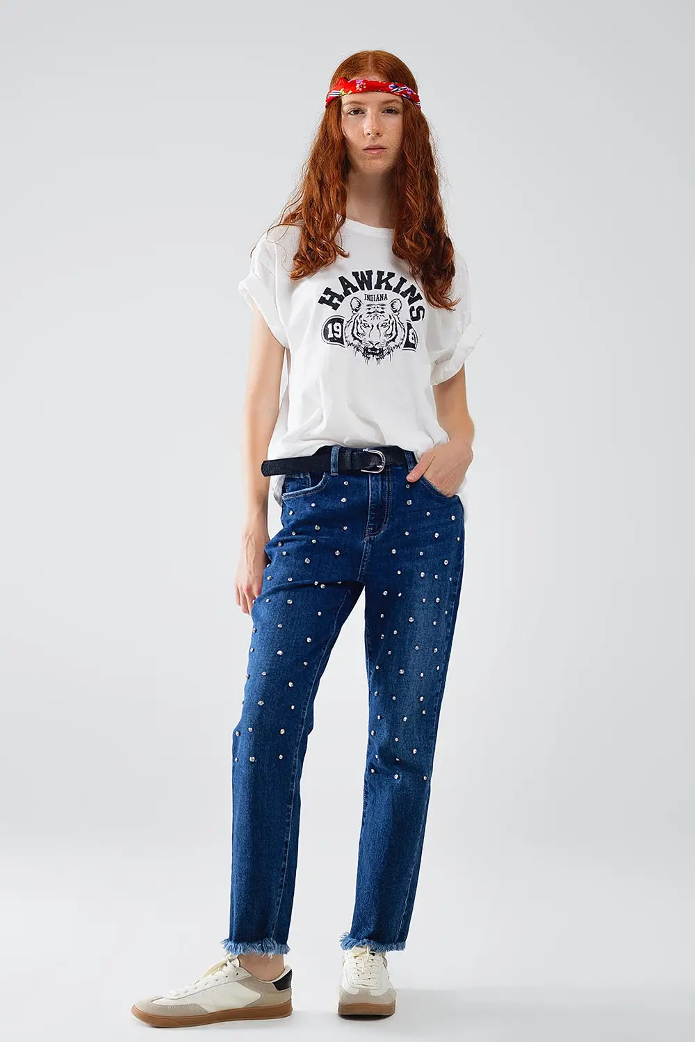 Straight Blue Jeans With Strass Front Details And Frayed Ends - Jeans