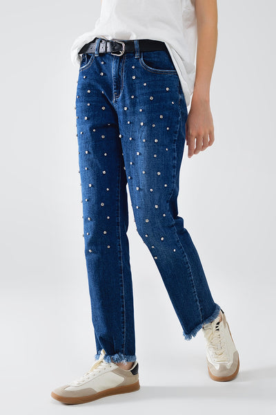 Q2 Straight Blue Jeans With Strass Front Details And Frayed Ends