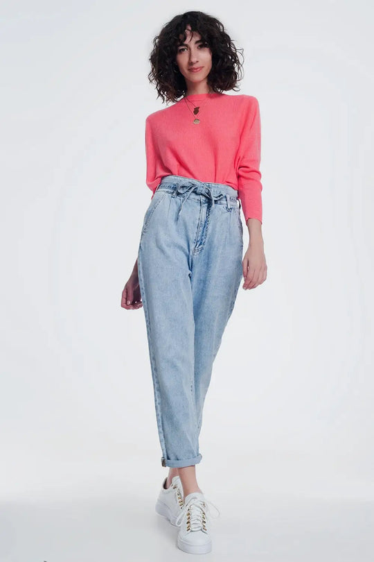 Straight cut jeans in light denim with belt - Jeans