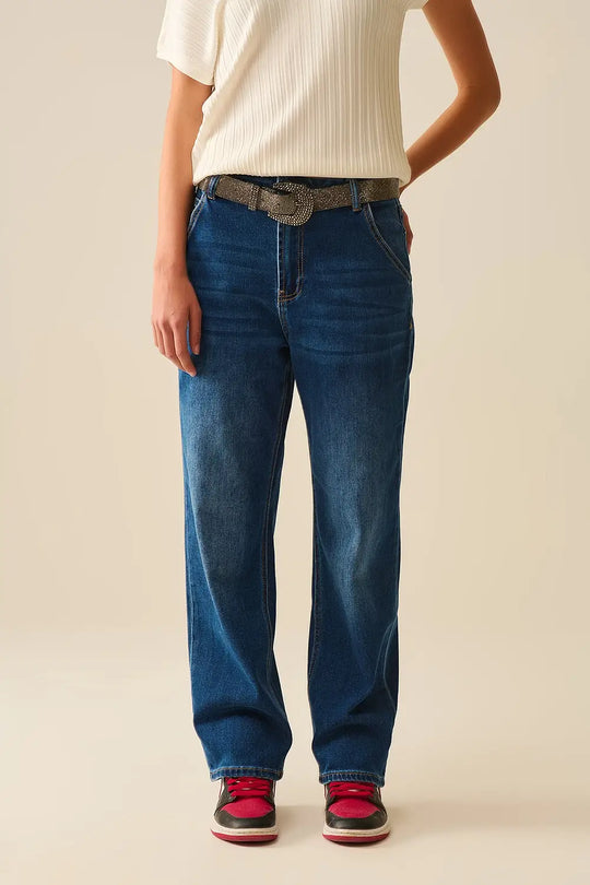 Q2 Straight Fit Jeans With Side Pockets in Mid Blue