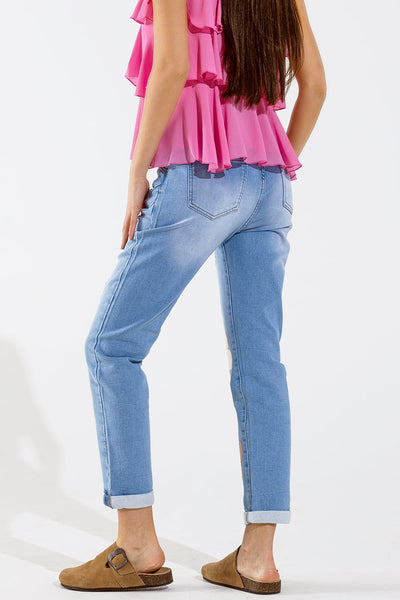 Straight Jeans With Button Closing and Flower Detail in Front