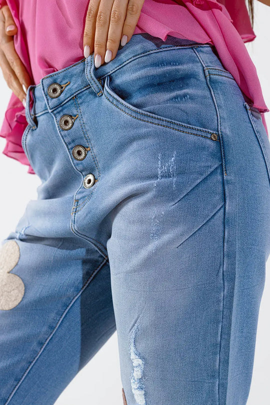 Straight Jeans With Button Closing and Flower Detail in Front - Jeans