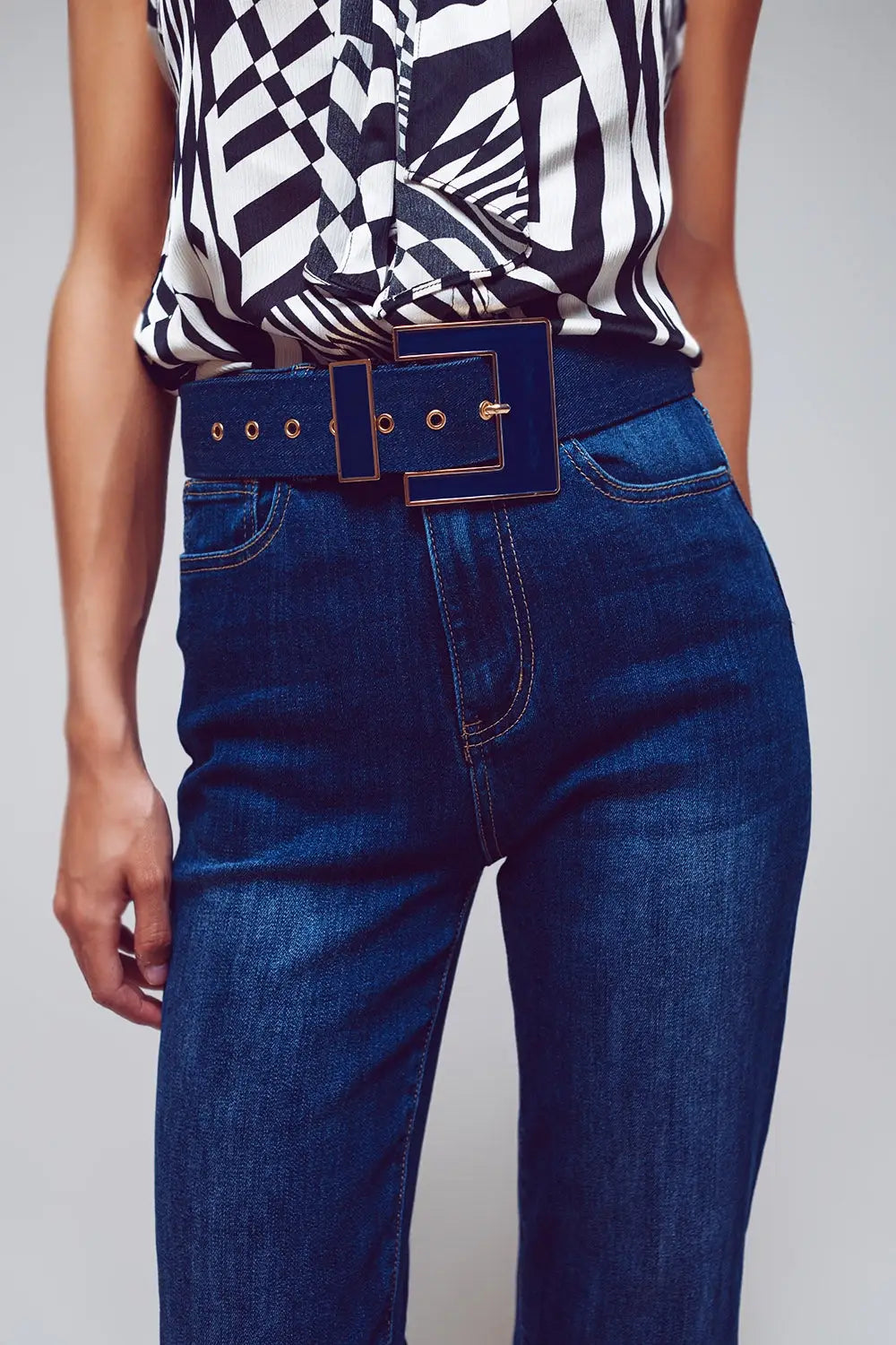 Straight Jeans with Folded Hem in Mid Blue Wash - Jeans