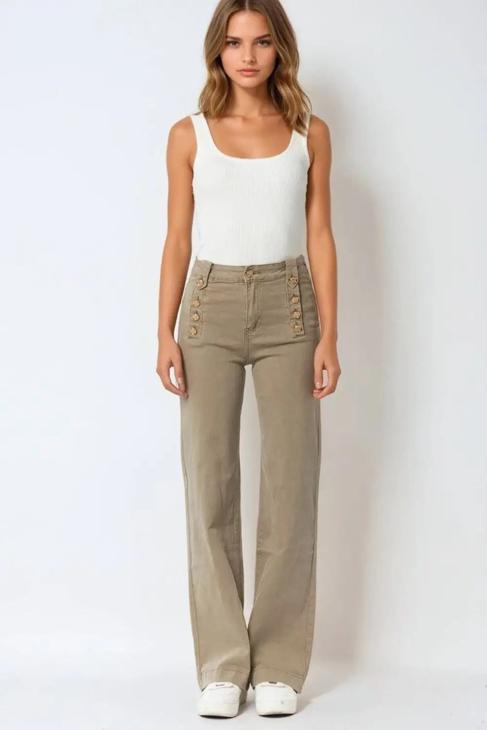 Straight Jeans With Gold Buttons At the Side in beige - Pants
