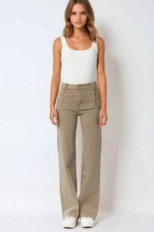 Straight Jeans With Gold Buttons At the Side in beige - Pants