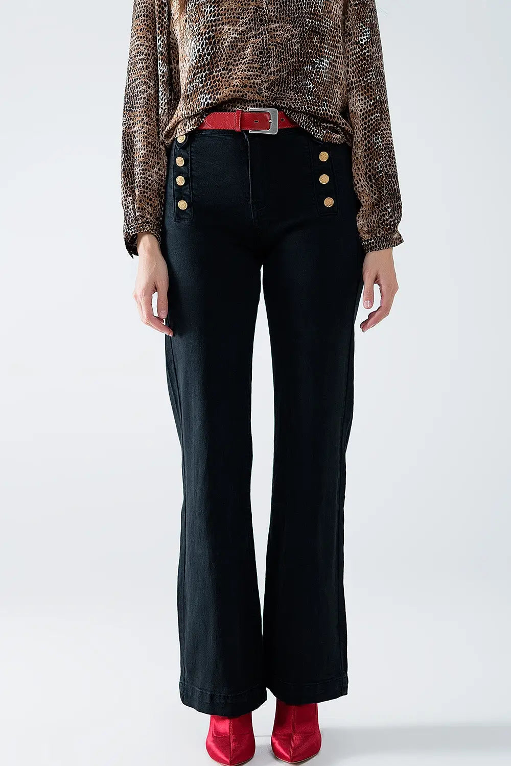 Straight Jeans With Gold Buttons At the Side in black - Pants