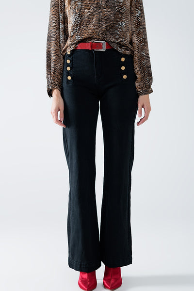 Q2 Straight Jeans With Gold Buttons At the Side in black