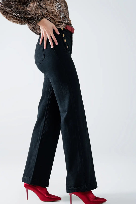 Straight Jeans With Gold Buttons At the Side in black - Pants