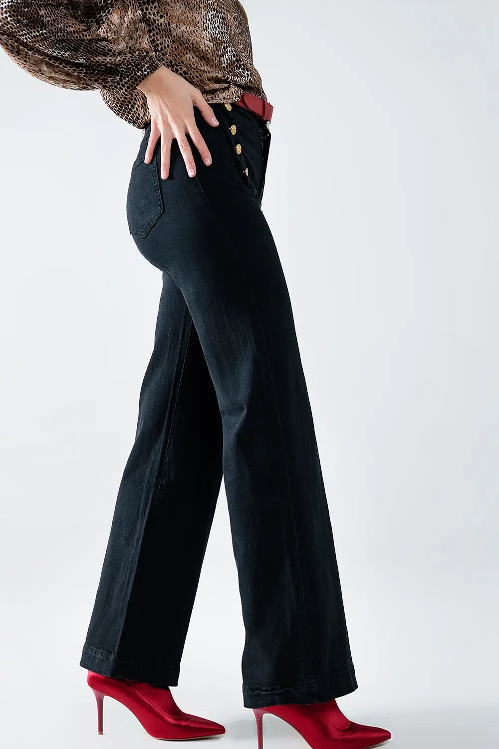 Straight Jeans With Gold Buttons At the Side in black - Pants