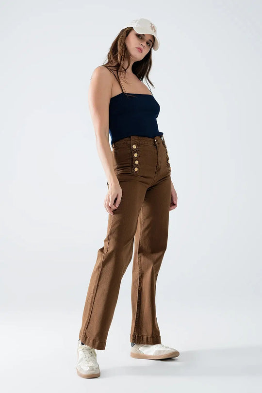 Straight Jeans With Gold Buttons At the Side in camel - Pants