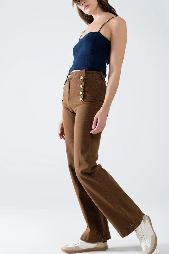 Straight Jeans With Gold Buttons At the Side in camel - Pants