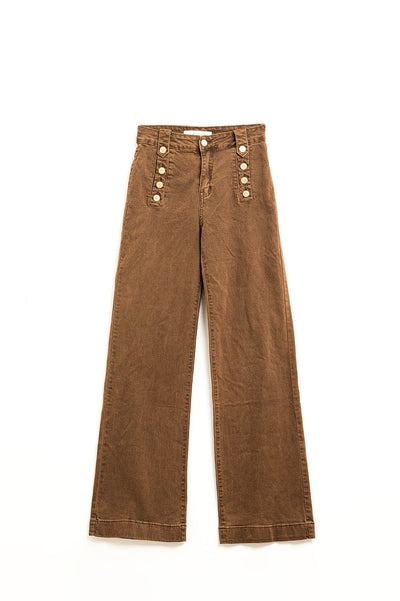 Straight Jeans With Gold Buttons At the Side in camel