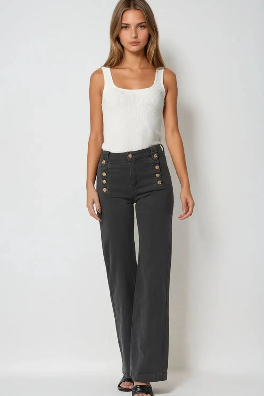 Straight Jeans With Gold Buttons At the Side in dark grey - Pants