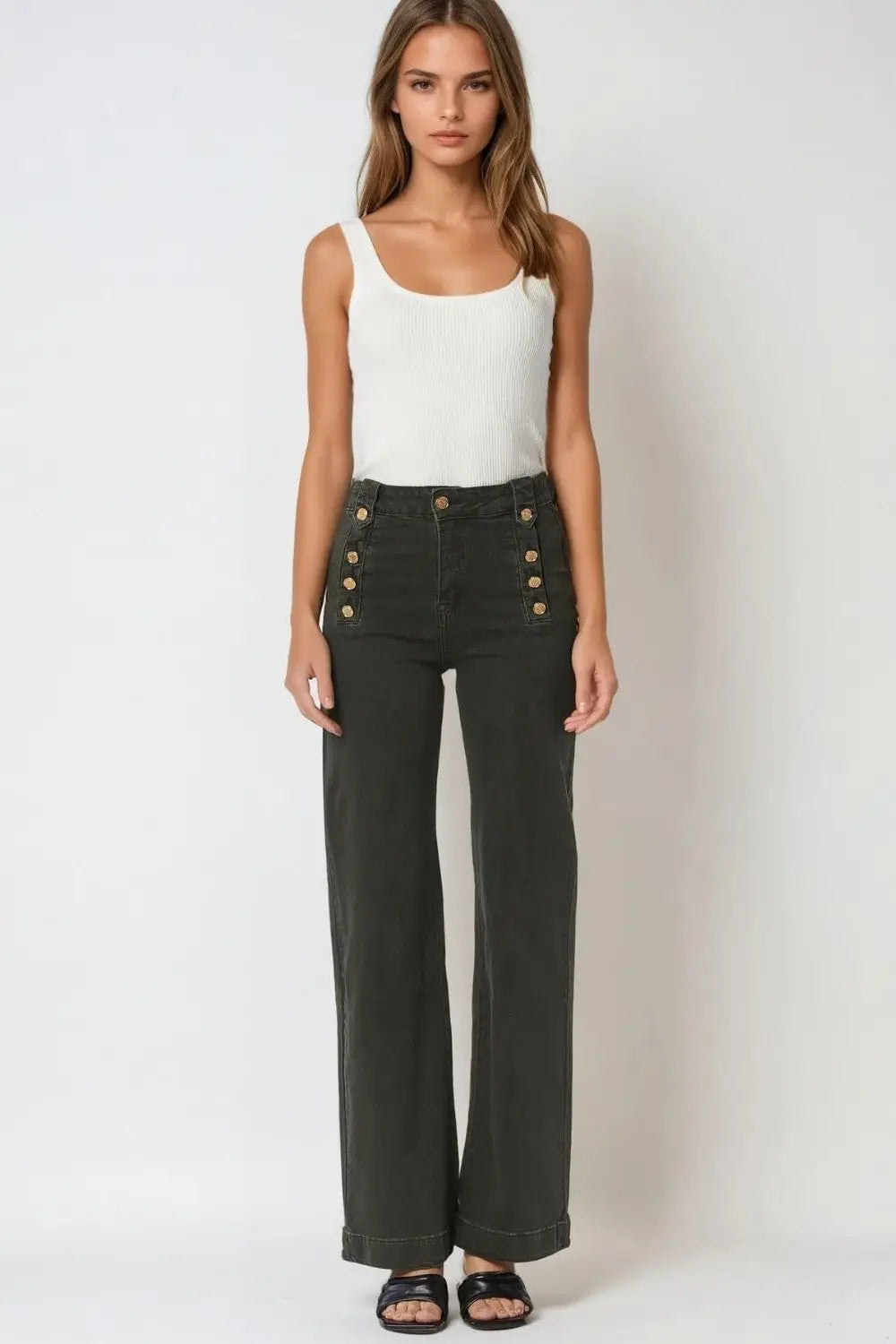 Straight Jeans With Gold Buttons At the Side in khaki - Pants