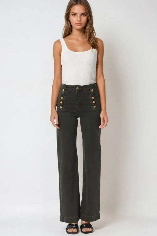 Straight Jeans With Gold Buttons At the Side in khaki - Pants