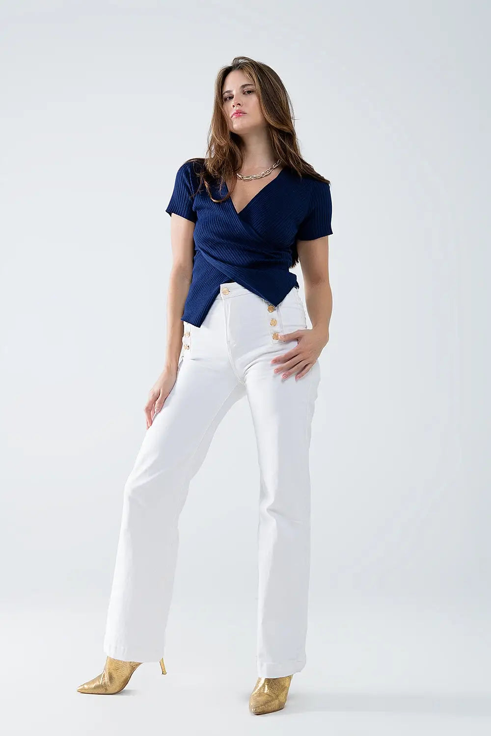 Straight Jeans With Gold Buttons At the Side in White - Pants