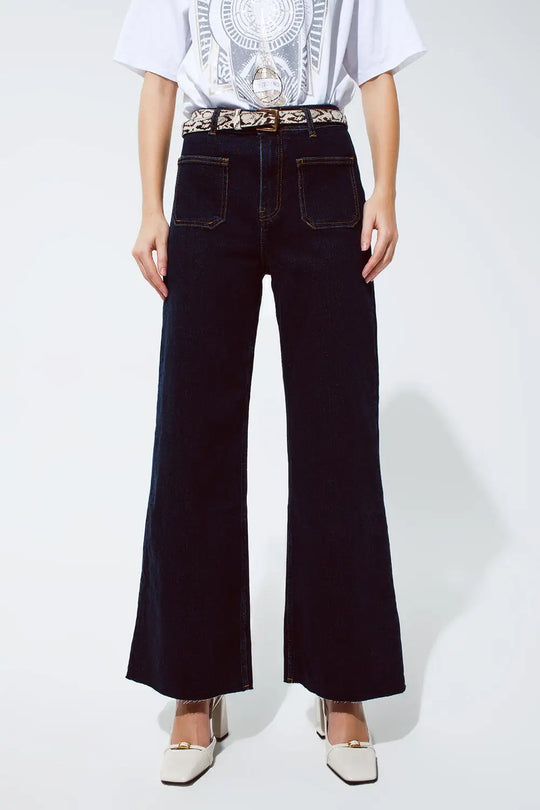 Q2 Straight Jeans With Pocket Detail In Dark Wash