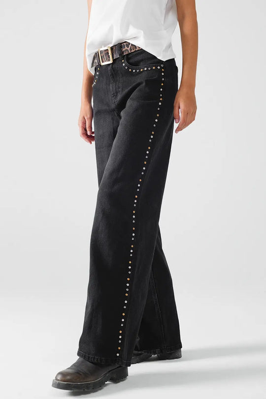 Straight Jeans With Stud Trim Details On The SIdes In Black - Jeans