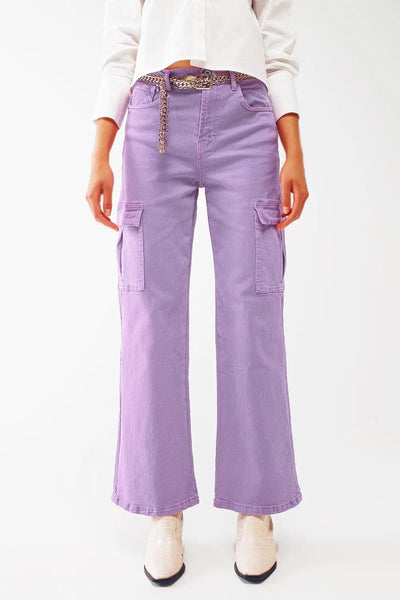 Q2 Straight Leg Cargo Jeans in Purple
