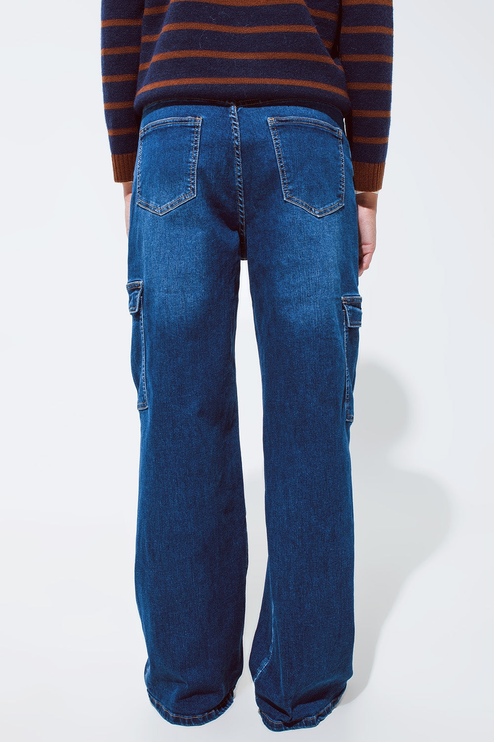 Straight Leg Cargo Style Jeans in Medium Wash