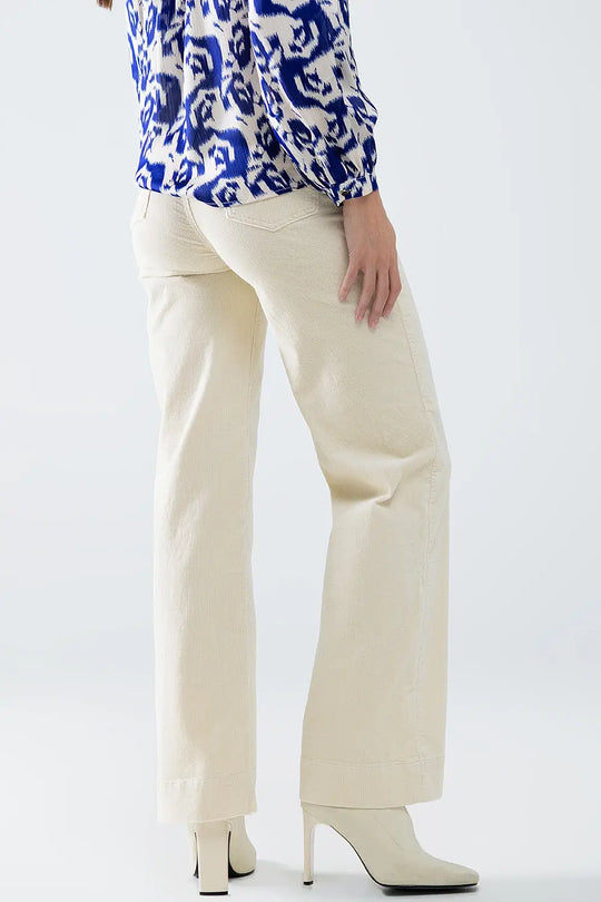 Straight Leg Corduroy Jeans in Ecru with pockets - Pants