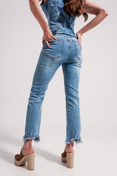 Straight leg fray hem jeans in blue