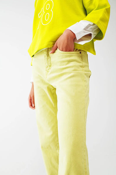 Straight Leg Jeans with Cropped Hem in Lime Green - Jeans