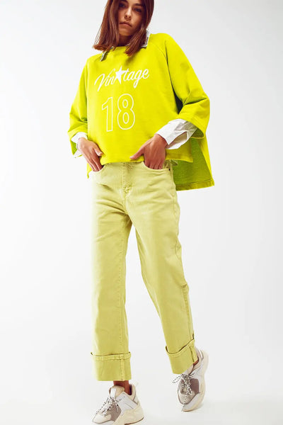 Straight Leg Jeans with Cropped Hem in Lime Green - Jeans