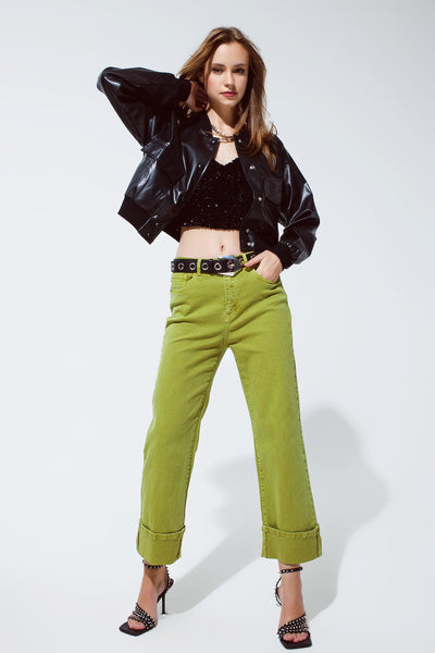 Straight Leg Jeans with Cropped Hem in olive green