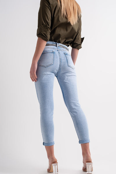 Straight leg jeans with folded ankles in light denim