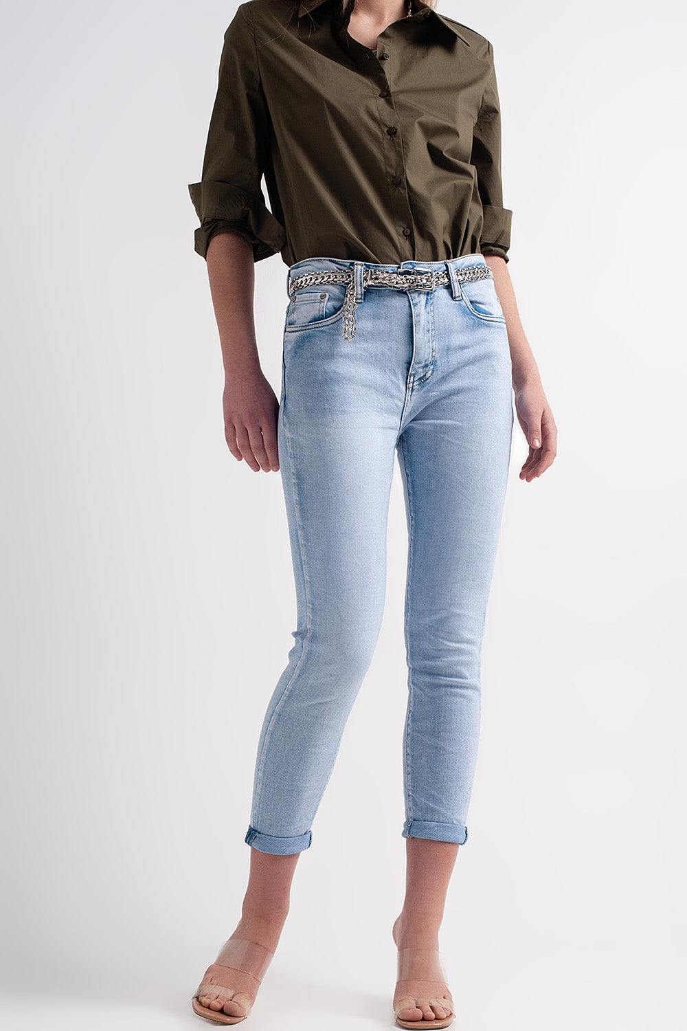 Straight leg jeans with folded ankles in light denim