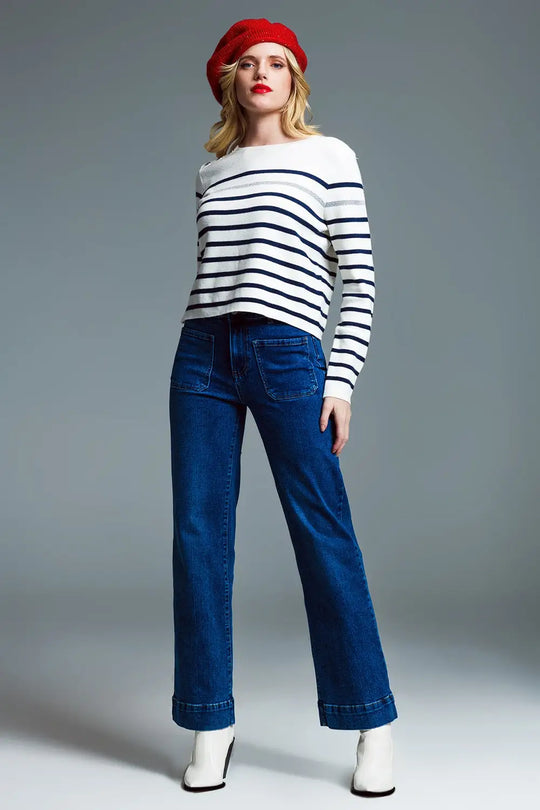 Straight Leg Jeans With Front Marine Style Pockets in Mid Wash - Jeans