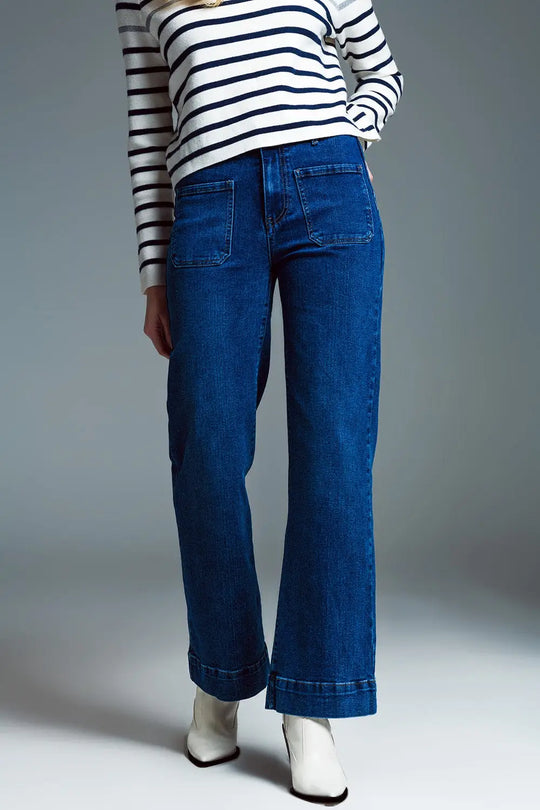 Straight Leg Jeans With Front Marine Style Pockets in Mid Wash - Jeans