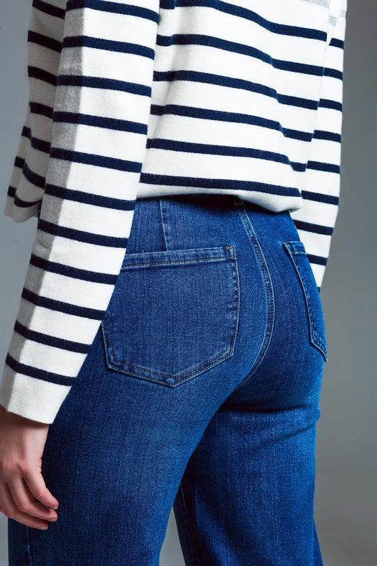 Straight Leg Jeans With Front Marine Style Pockets in Mid Wash - Jeans