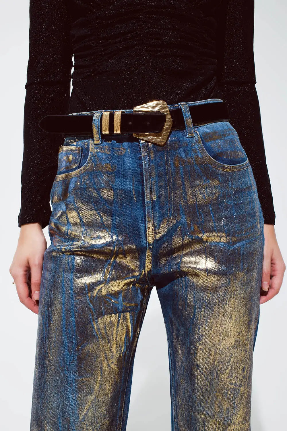 Straight Leg Jeans with gold metallic finish - Jeans