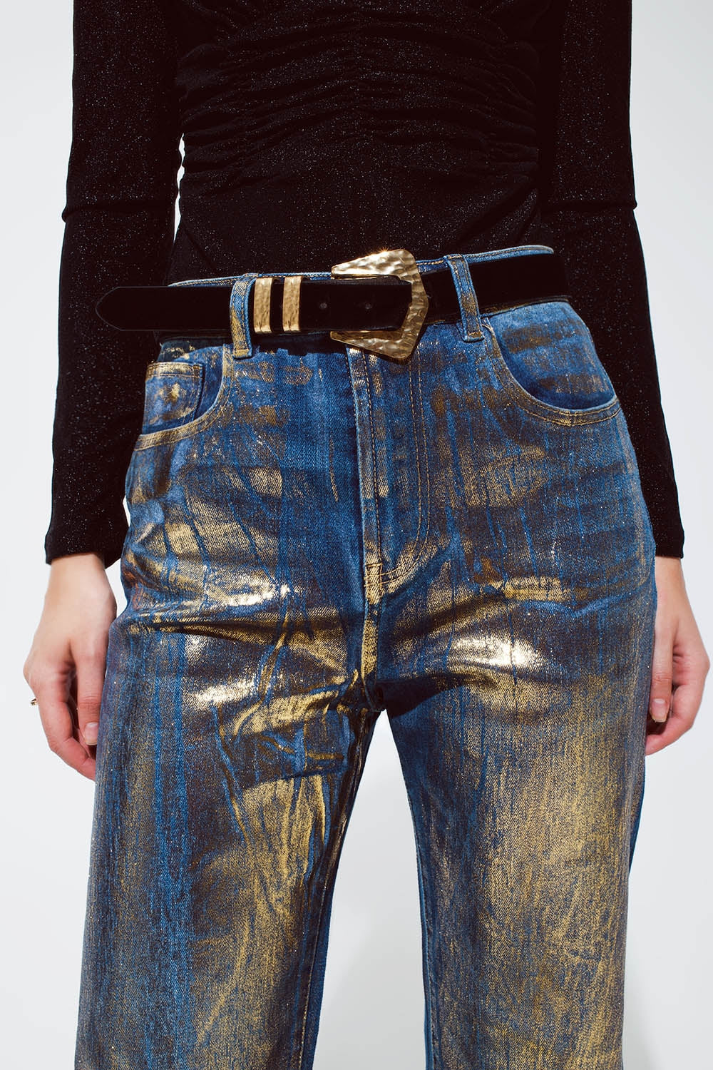 Straight Leg Jeans with gold metallic finish