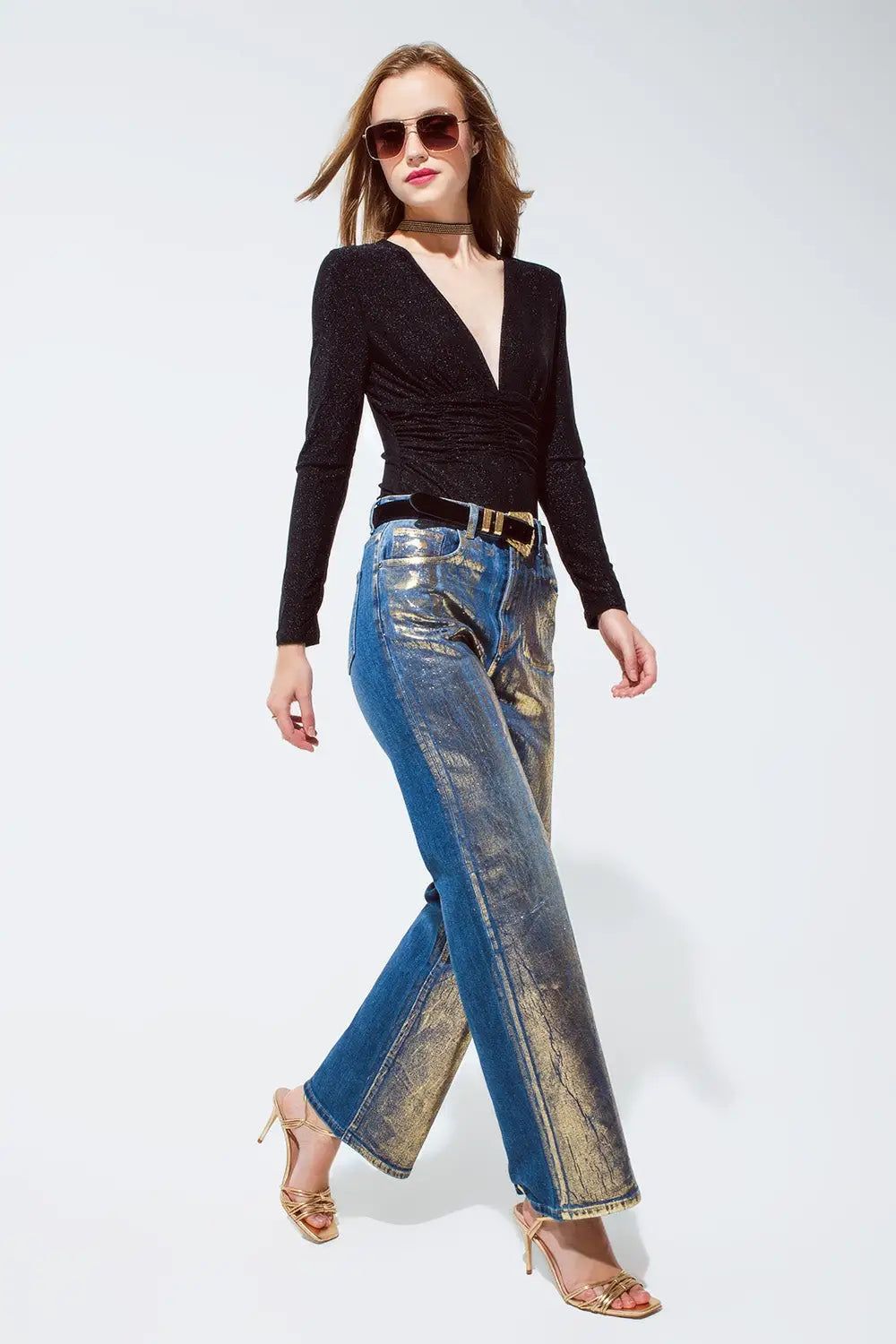 Straight Leg Jeans with gold metallic finish - Jeans