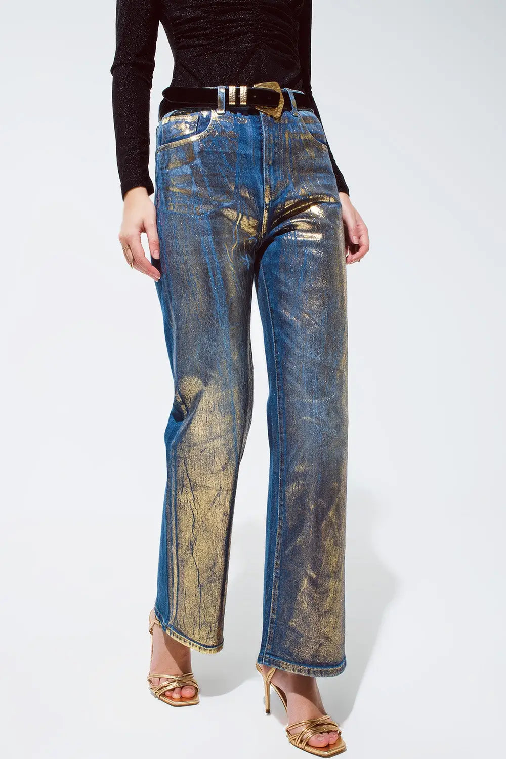 Straight Leg Jeans with gold metallic finish - Jeans