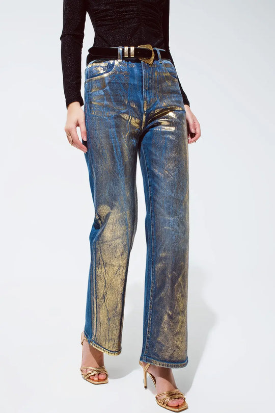 Straight Leg Jeans with gold metallic finish - Jeans