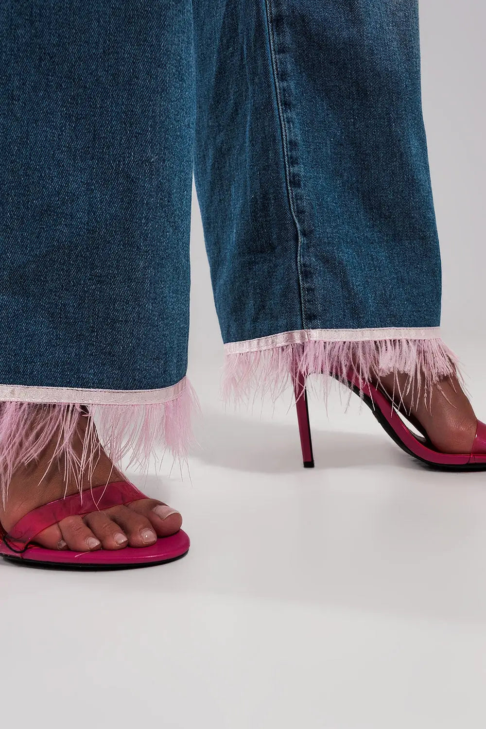 Straight leg jeans with PINK faux feather hem - Jeans
